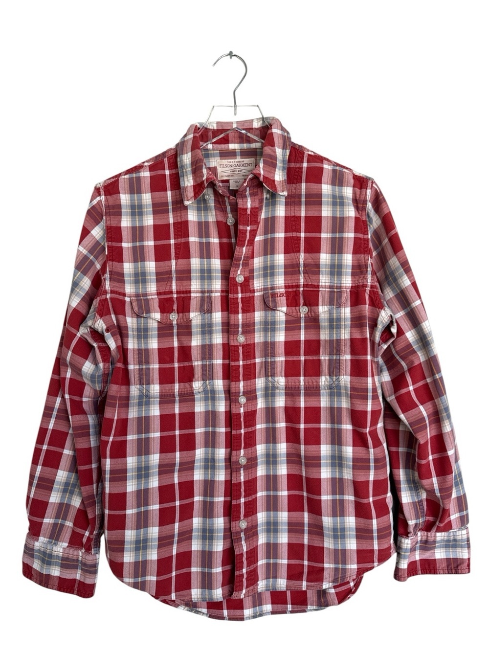 Filson Plaid Button Front Shirt Red Blue Long Sleeve Utility Shirt Size Small